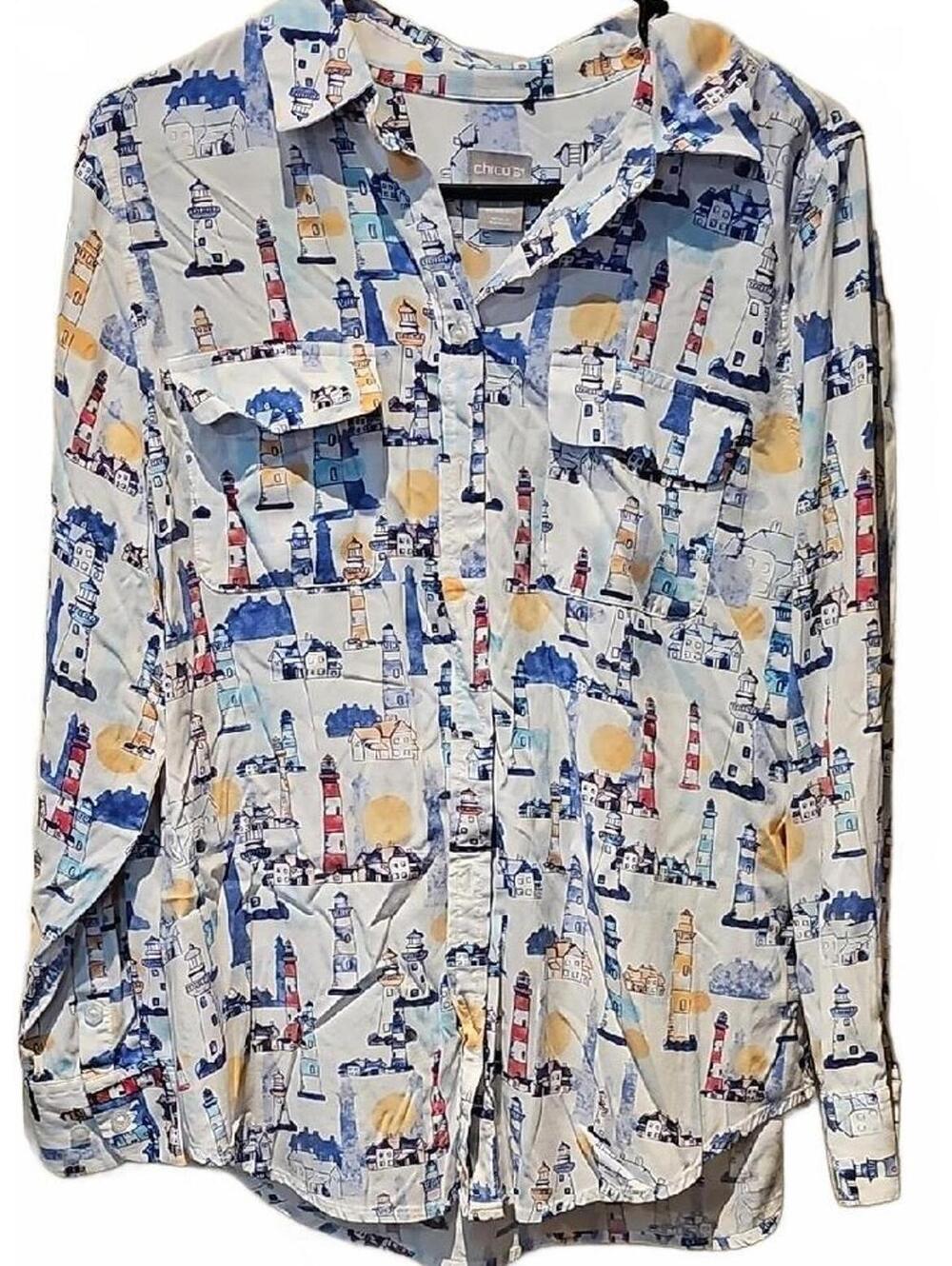 Chico's Multicolor Lighthouse Print Button Down Shirt Size 1 (8/10)